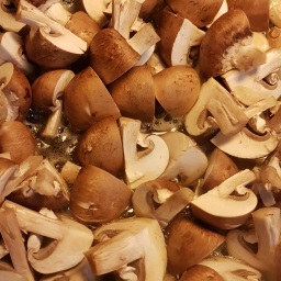 Mit supermarkeds udvalg af svampe var lidt sølle, men de brune champignon, som tilmed var danske, så rigtig fine ud. De blev stegt ved relativt høj varme.